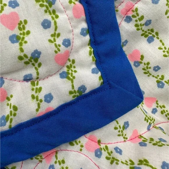 Vintage Handmade Baby Quilt Throw Blanket Pink Blue Hearts Floral Cottage 43x43 - Picture 5 of 8